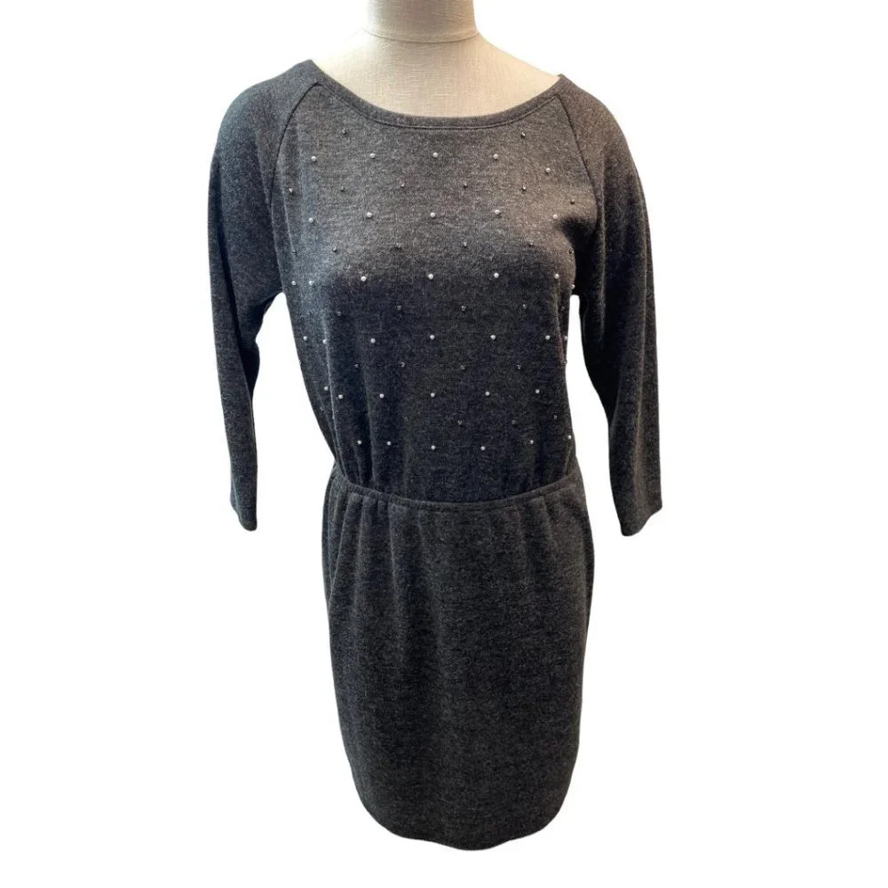 Loft‎ Charcoal Gray 3/4 length sleeve with Rhinestones on Front Midi Dress